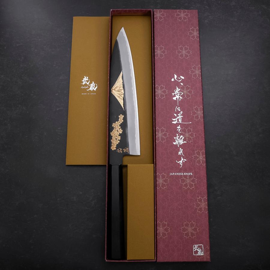 Gyuto Blue Steel #2 Chokin Kurouchi Sakura Fuji Buffalo Ebony Handle 240mm