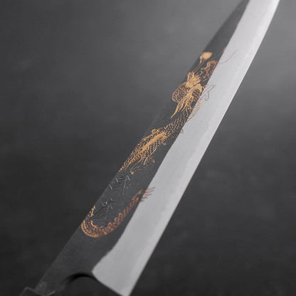 Gyuto Blue Steel #2 Kurouchi Damascus Chokin Dragon Buffalo Ebony Handle 240mm