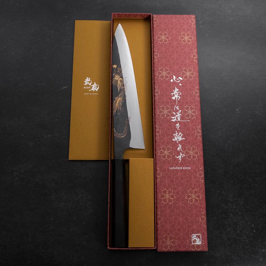 Gyuto Blue Steel #2 Kurouchi Damascus Chokin Dragon Buffalo Ebony Handle 240mm