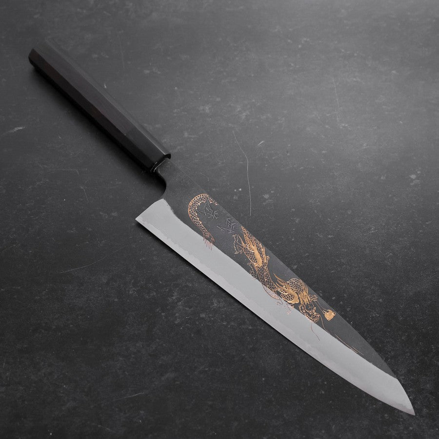Gyuto Blue Steel #2 Kurouchi Damascus Chokin Dragon Buffalo Ebony Handle 240mm
