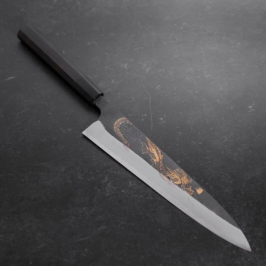 Gyuto Blue Steel #2 Kurouchi Damascus Chokin Dragon Buffalo Ebony Handle 240mm