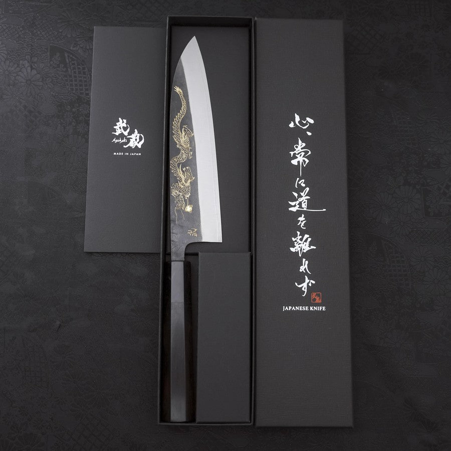 Gyuto Blue Steel #2 Kurouchi Stainless Clad Chokin Dragon Buffalo Ebony Handle 180mm