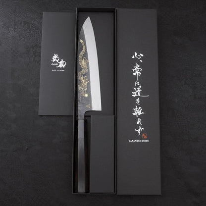 Gyuto Blue Steel #2 Kurouchi Stainless Clad Chokin Dragon Buffalo Ebony Handle 180mm