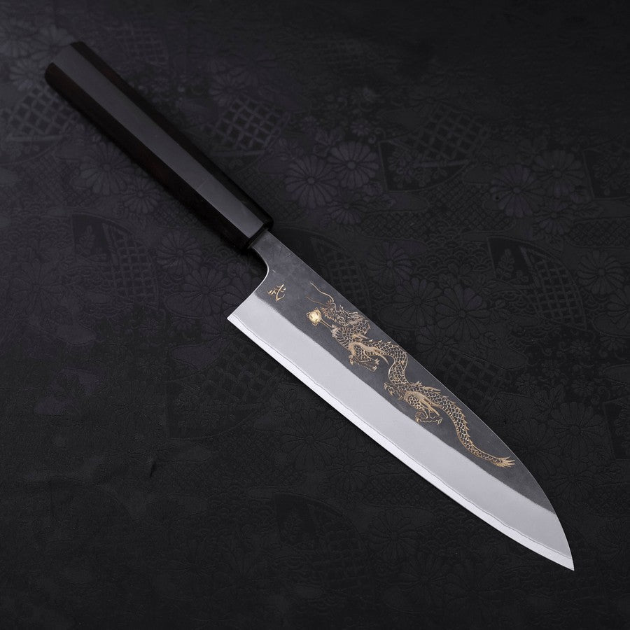 Gyuto Blue Steel #2 Kurouchi Stainless Clad Chokin Dragon Buffalo Ebony Handle 180mm