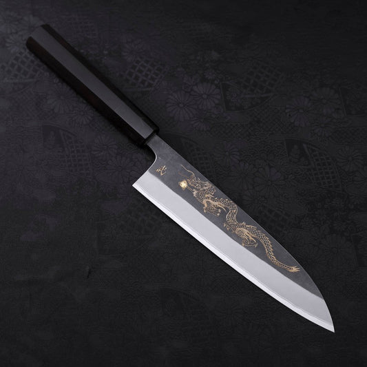 Gyuto Blue Steel #2 Kurouchi Stainless Clad Chokin Dragon Buffalo Ebony Handle 180mm
