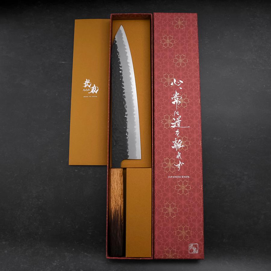 Gyuto Stainless Clad Blue Super Kurouchi Tsuchime Yaki Urushi Handle 240mm
