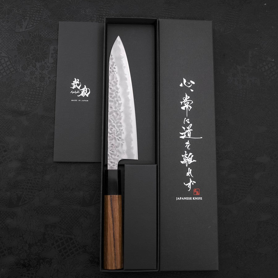 Gyuto White Steel #1 Stainless Clad Tsuchime Buffalo Teak Handle 180mm