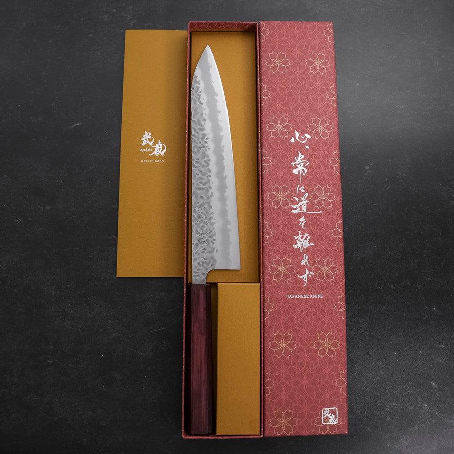 Gyuto White Steel #1 Stainless Clad Tsuchime Purple Urushi Handle 240mm