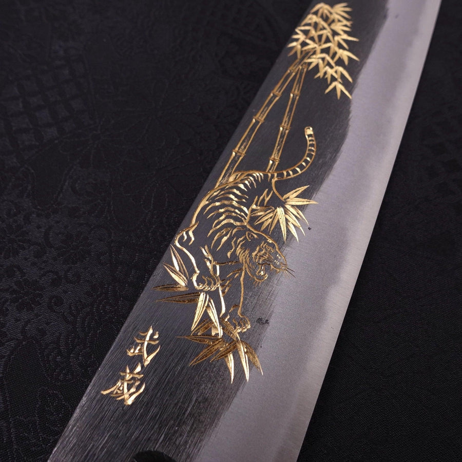 Kiritsuke Blue Steel #2 Kurouchi Chokin Tiger-Bamboo Buffalo Ebony Handle 210mm