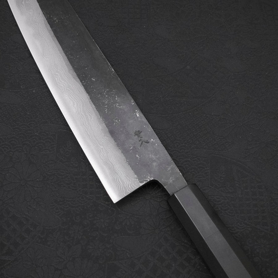 Kiritsuke Blue Steel #2 Kurouchi Damascus Buffalo Ebony Handle 210mm