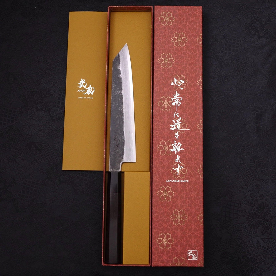 Kiritsuke Gyuto Blue Steel #1 Kurouchi Suminagashi Buffalo Ebony Handle 200mm