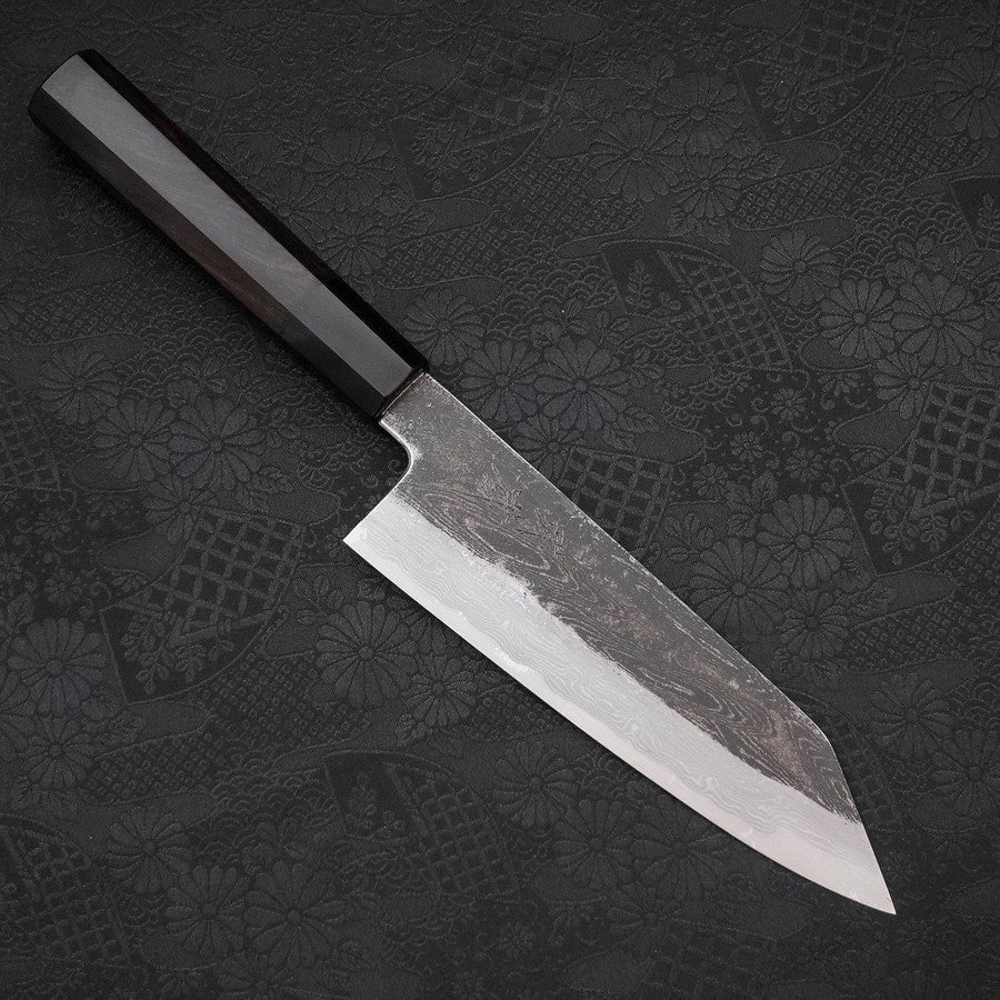Kiritsuke Santoku Blue Steel #1 Kurouchi Suminagashi Buffalo Ebony Handle 170mm
