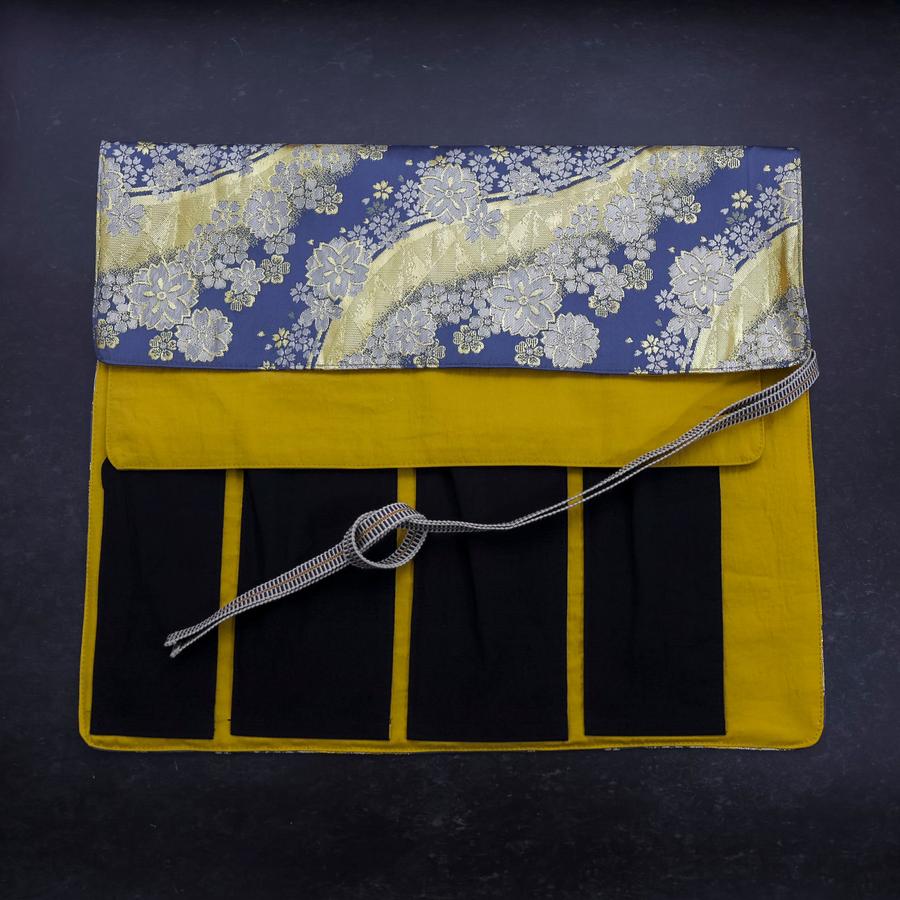 Musashi Japanese Style Kitchen Knife Roll Blue-Golden Sakura River 4 Pockets Handmade