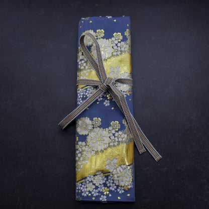 Musashi Japanese Style Kitchen Knife Roll Blue-Golden Sakura River 4 Pockets Handmade