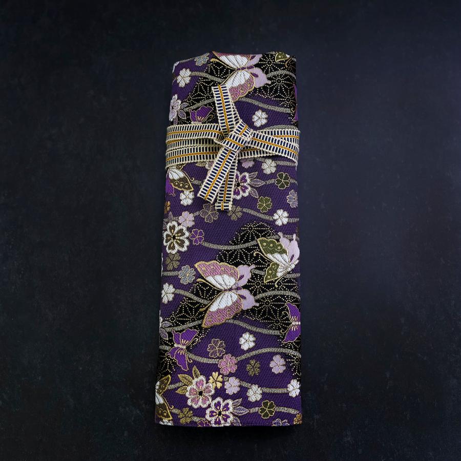 Musashi Japanese Style Kitchen Knife Roll Purple-Gold Butterfly&Sakura 4 Pockets Handmade