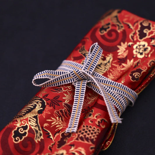 Musashi Japanese Style Kitchen Knife Roll Red Dragon Tiger 4 Pockets Handmade