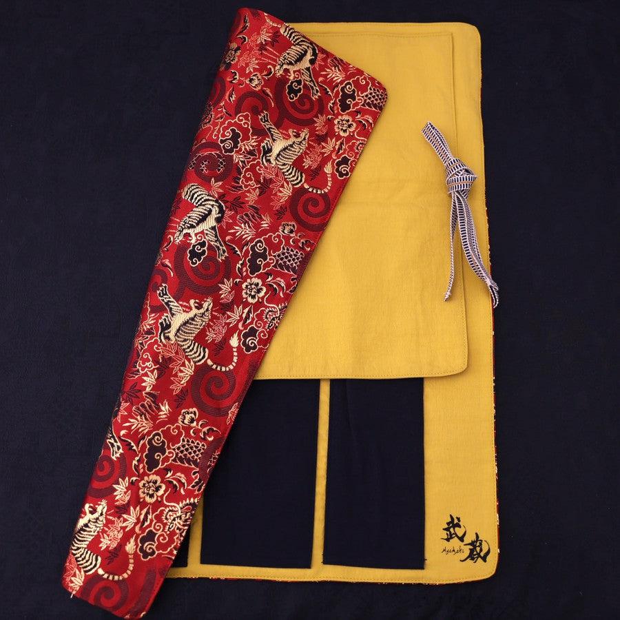 Musashi Japanese Style Kitchen Knife Roll Red Dragon Tiger 4 Pockets Handmade