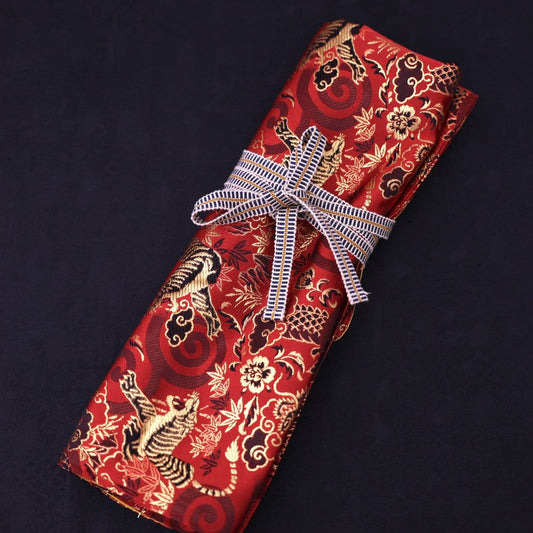 Musashi Japanese Style Kitchen Knife Roll Red Dragon Tiger 4 Pockets Handmade