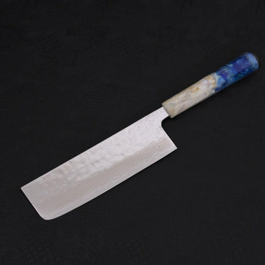 Nakiri AUS-10 Nashiji Damascus Ocean White Blue Handle 165mm