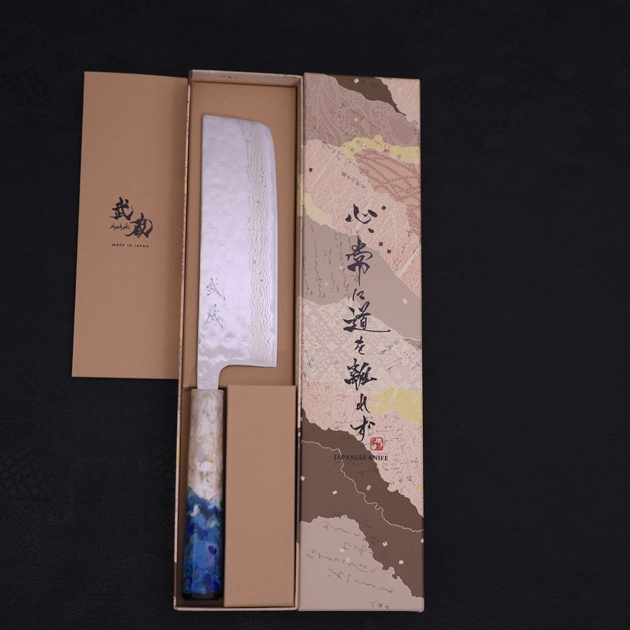 Nakiri AUS-10 Nashiji Damascus Ocean White Blue Handle 165mm