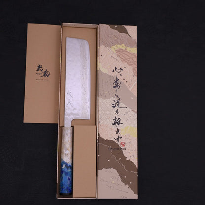 Nakiri AUS-10 Nashiji Damascus Ocean White Blue Handle 165mm
