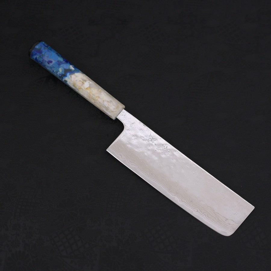 Nakiri AUS-10 Nashiji Damascus Ocean White Blue Handle 165mm