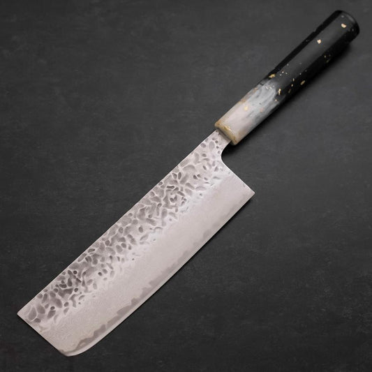 Nakiri AUS-10 Tsuchime Damascus Ocean Black White Gold Handle 165mm