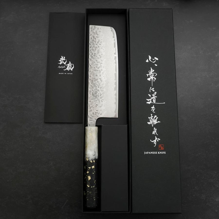 Nakiri AUS-10 Tsuchime Damascus Ocean Black White Gold Handle 165mm