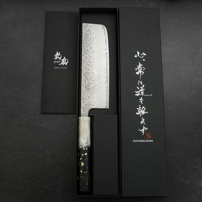 Nakiri AUS-10 Tsuchime Damascus Ocean Black White Gold Handle 165mm