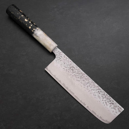 Nakiri AUS-10 Tsuchime Damascus Ocean Black White Gold Handle 165mm