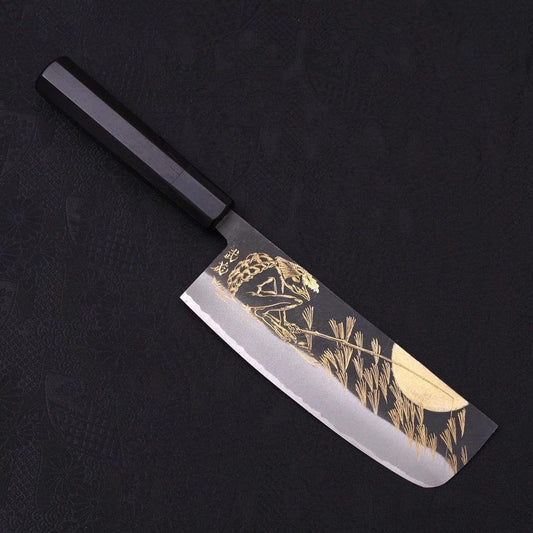 Nakiri Blue Steel #2 Kurouchi Chokin Kappa Fishing Focus Buffalo Ebony Handle 165mm