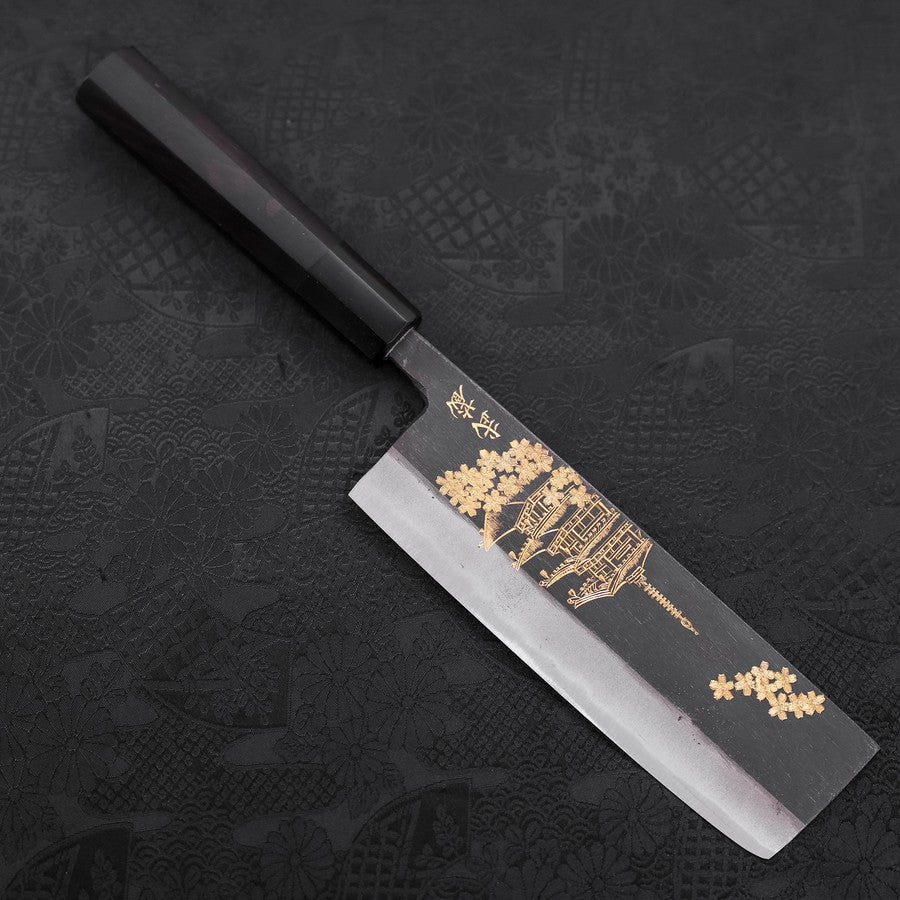 Nakiri Blue Steel #2 Kurouchi Chokin Sakura Five Story Pagoda Buffalo Ebony Handle 165mm
