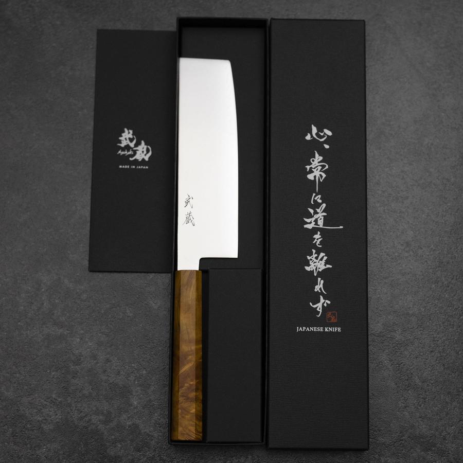 Nakiri VG-10 Damascus Yellow-Brown Birch Handle 170mm (6.7”)-[Musashi]-[Japanese-Kitchen-Knives]