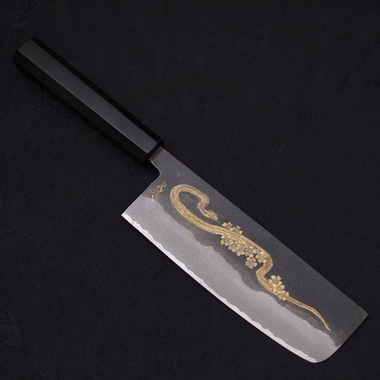 Nakiri White Steel #2 Kurouchi Chokin Snake-Sakura Buffalo Ebony Handle 165mm