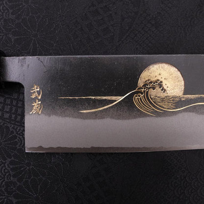 Nakiri White Steel #2 Kurouchi Chokin Wave-Sun Buffalo Ebony Handle 165mm
