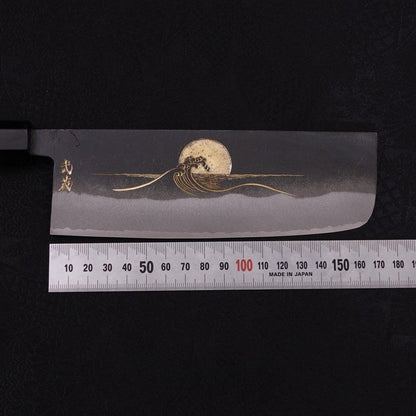 Nakiri White Steel #2 Kurouchi Chokin Wave-Sun Buffalo Ebony Handle 165mm