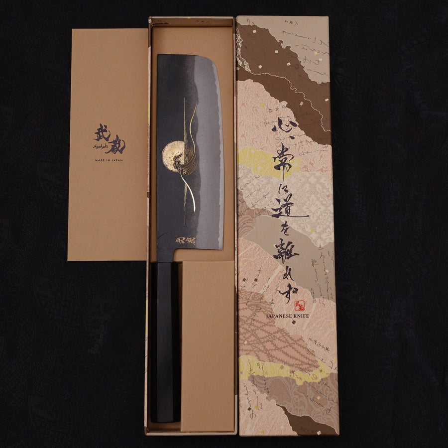 Nakiri White Steel #2 Kurouchi Chokin Wave-Sun Buffalo Ebony Handle 165mm