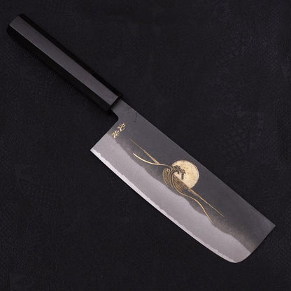 Nakiri White Steel #2 Kurouchi Chokin Wave-Sun Buffalo Ebony Handle 165mm