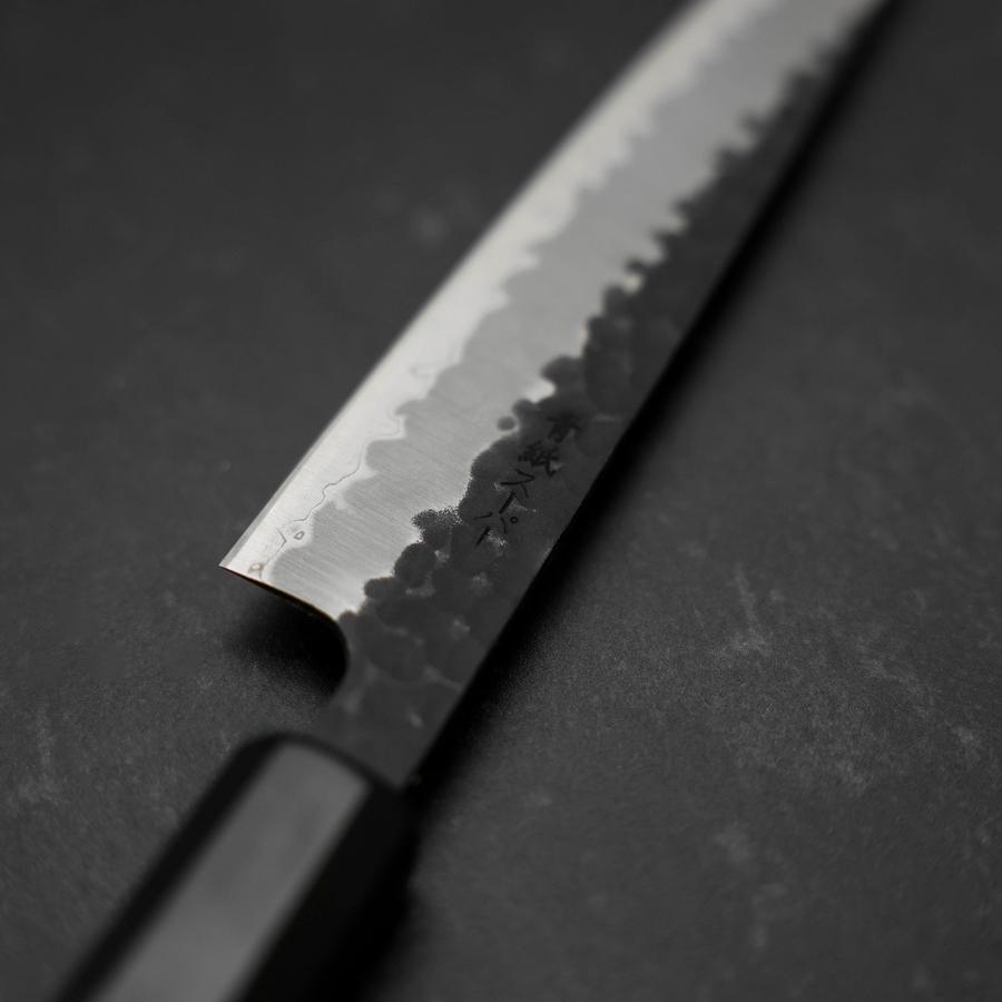 Petty Stainless Clad Blue Super Kurouchi Tsuchime Buffalo Ebony Handle 135mm