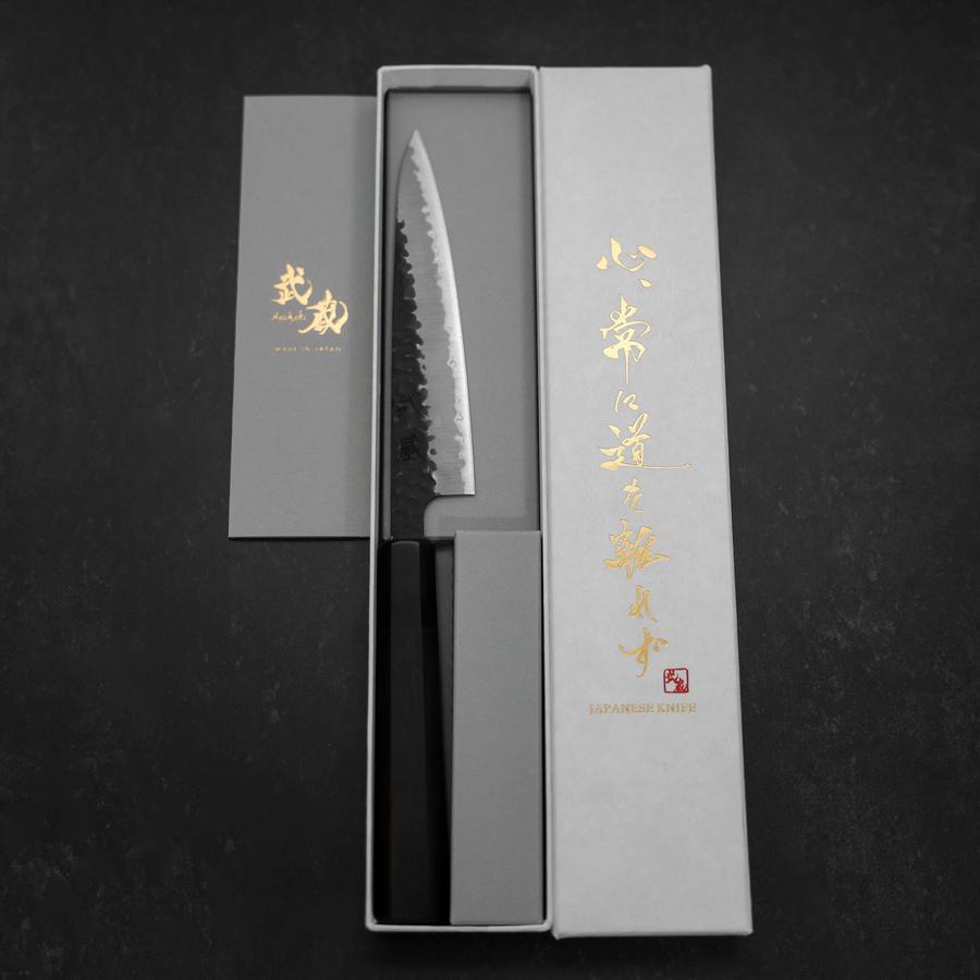 Petty Stainless Clad Blue Super Kurouchi Tsuchime Buffalo Ebony Handle 135mm