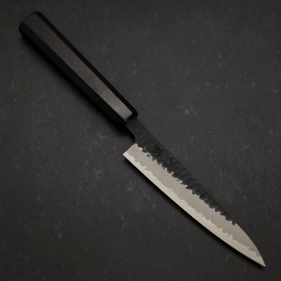 Petty Stainless Clad Blue Super Kurouchi Tsuchime Buffalo Ebony Handle 135mm