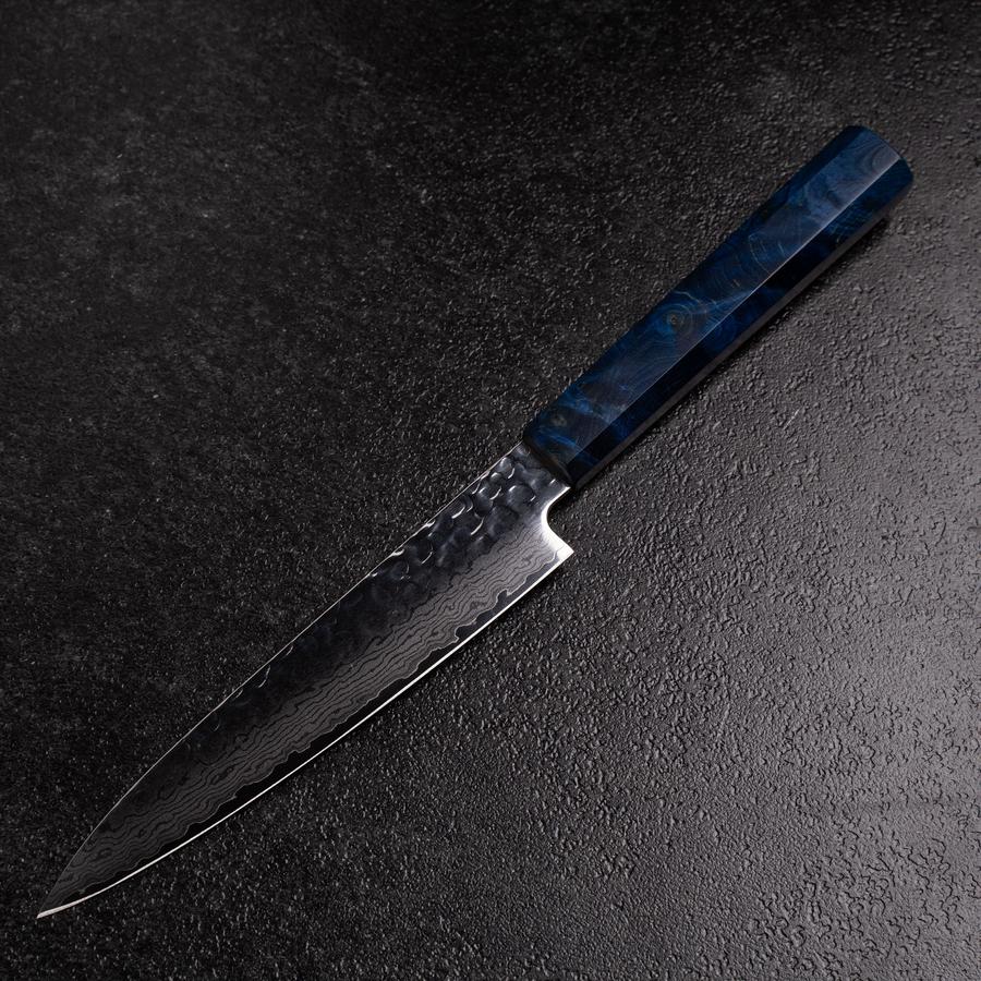 Petty VG-10 Mirror Tsuchime Damascus Blue Birch Handle 150mm (5.9”)-[Musashi]-[Japanese-Kitchen-Knives]