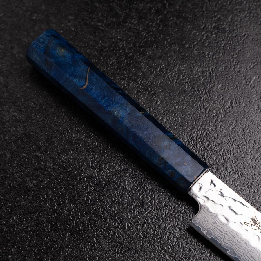 Petty VG-10 Mirror Tsuchime Damascus Blue Birch Handle 150mm (5.9”)-[Musashi]-[Japanese-Kitchen-Knives]