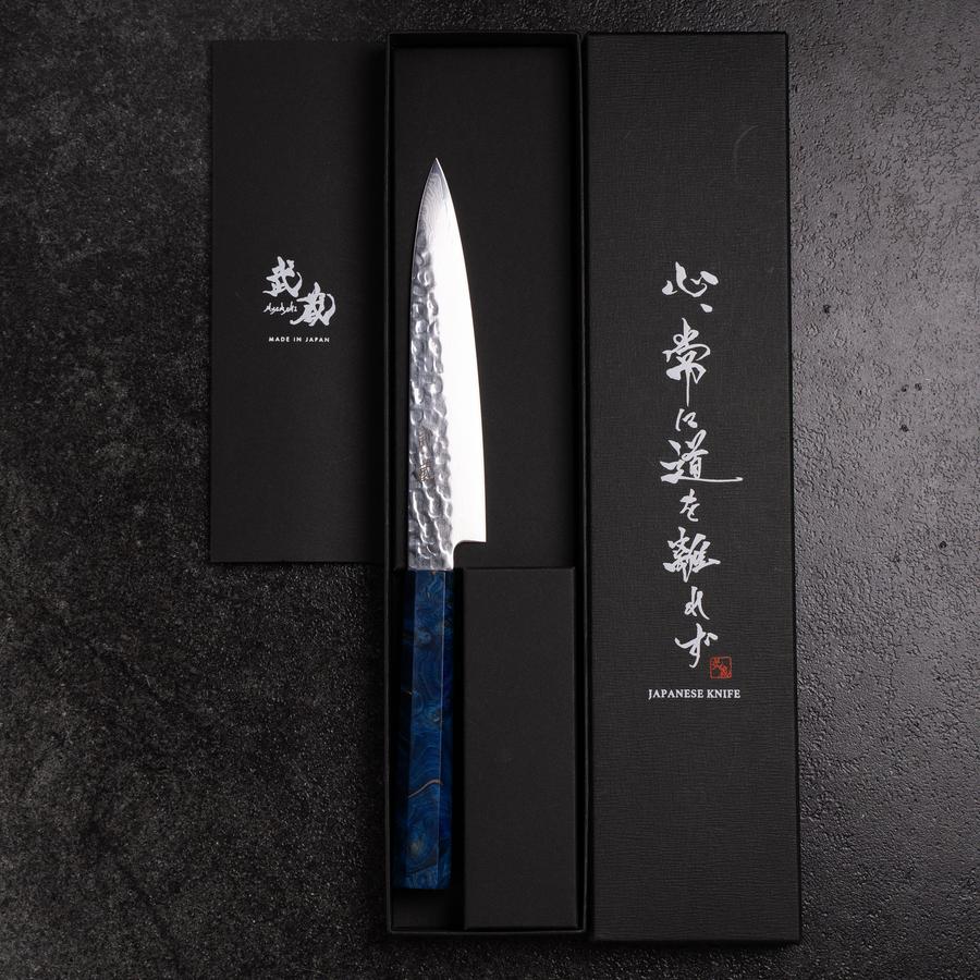 Petty VG-10 Mirror Tsuchime Damascus Blue Birch Handle 150mm (5.9”)-[Musashi]-[Japanese-Kitchen-Knives]