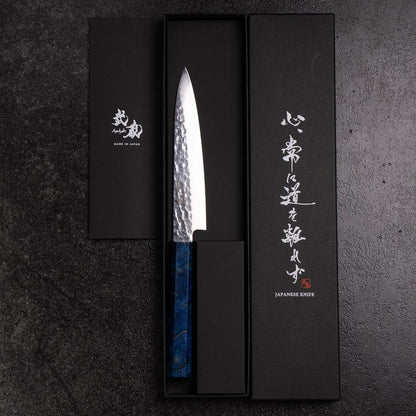 Petty VG-10 Mirror Tsuchime Damascus Blue Birch Handle 150mm (5.9”)-[Musashi]-[Japanese-Kitchen-Knives]