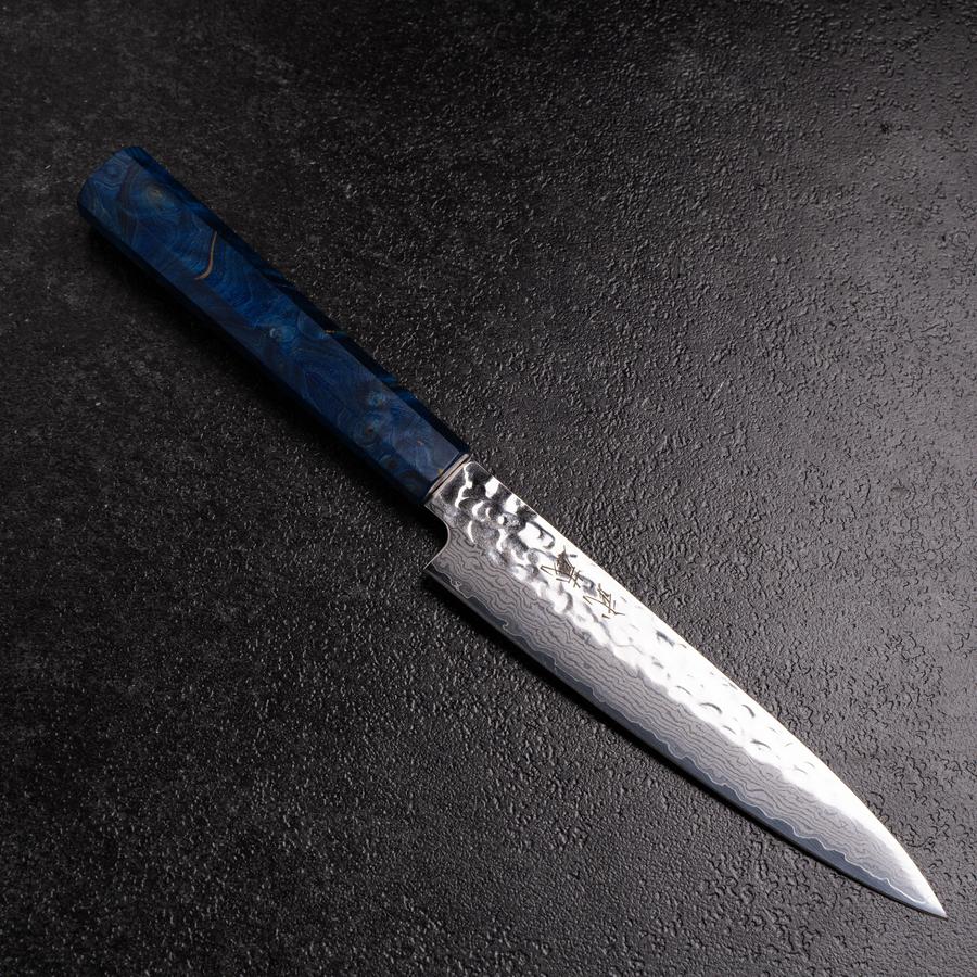 Petty VG-10 Mirror Tsuchime Damascus Blue Birch Handle 150mm (5.9”)-[Musashi]-[Japanese-Kitchen-Knives]