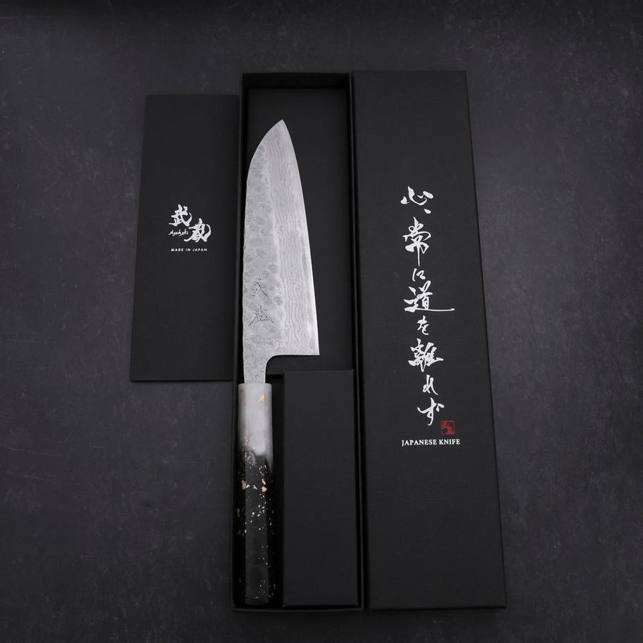 Santoku 440C Nashiji Damascus Ocean White Black Gold Handle 165mm