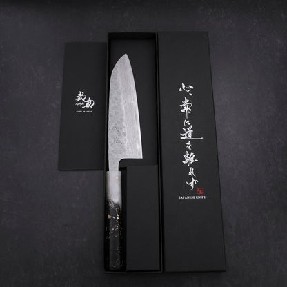 Santoku 440C Nashiji Damascus Ocean White Black Gold Handle 165mm