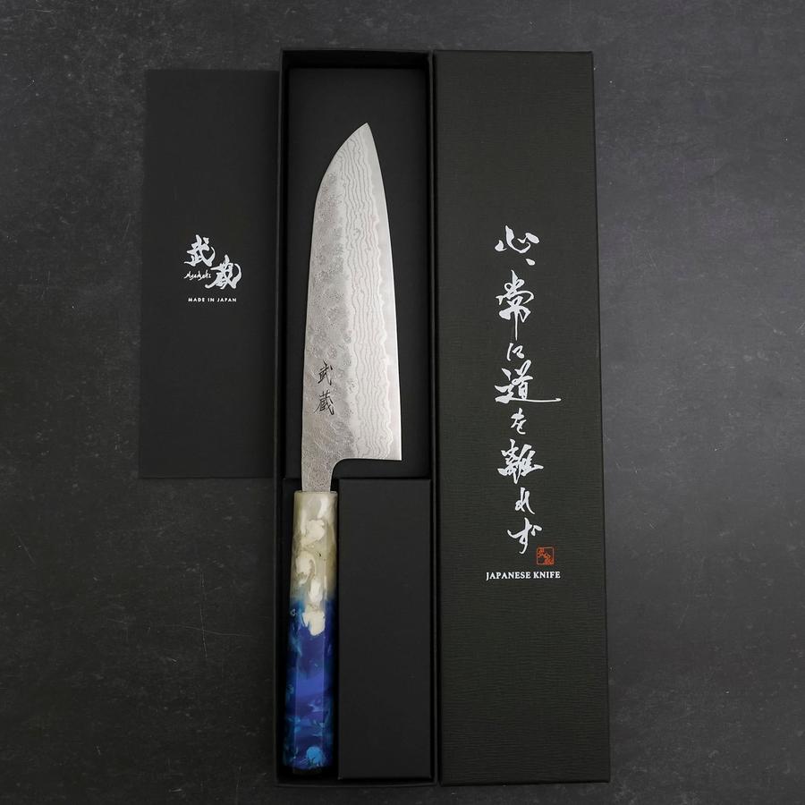 Santoku 440C Nashiji Damascus Ocean White Blue Handle 165mm