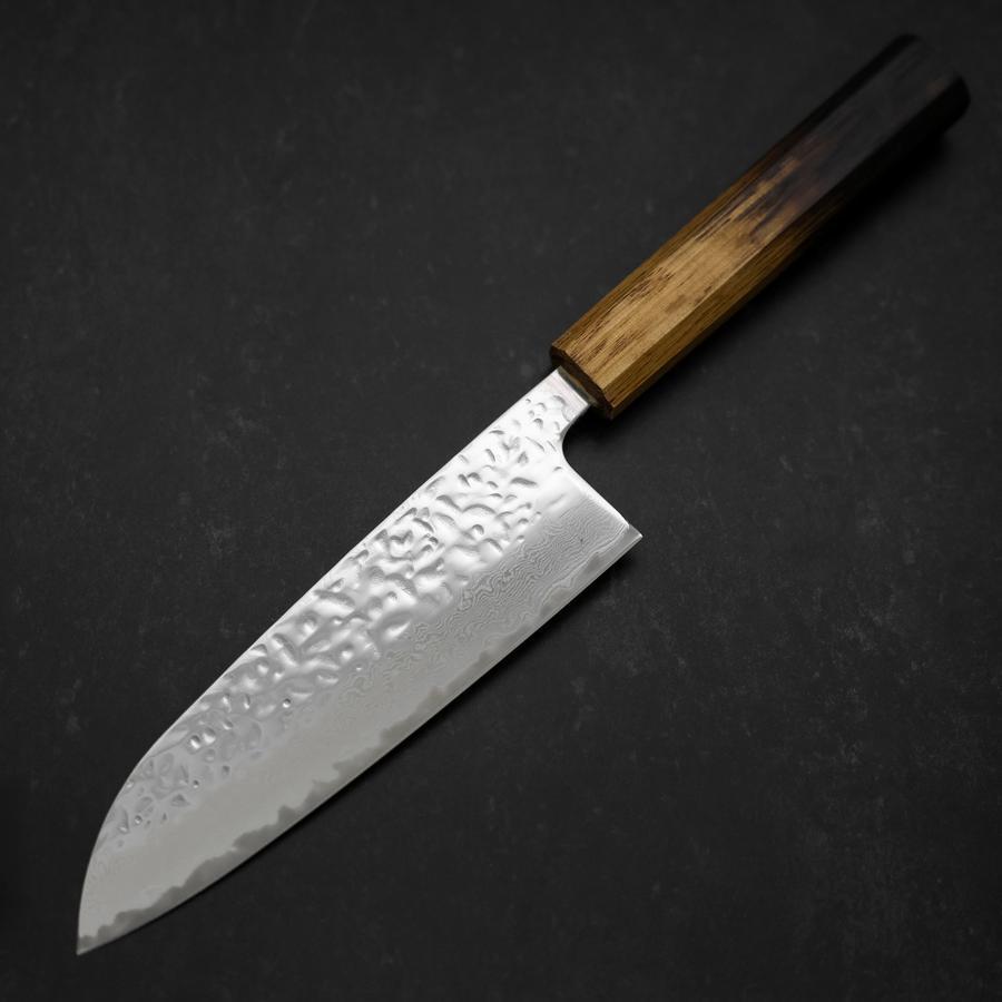 Santoku AUS-10 Mirror Tsuchime Damascus Yaki urushi Handle 165mm